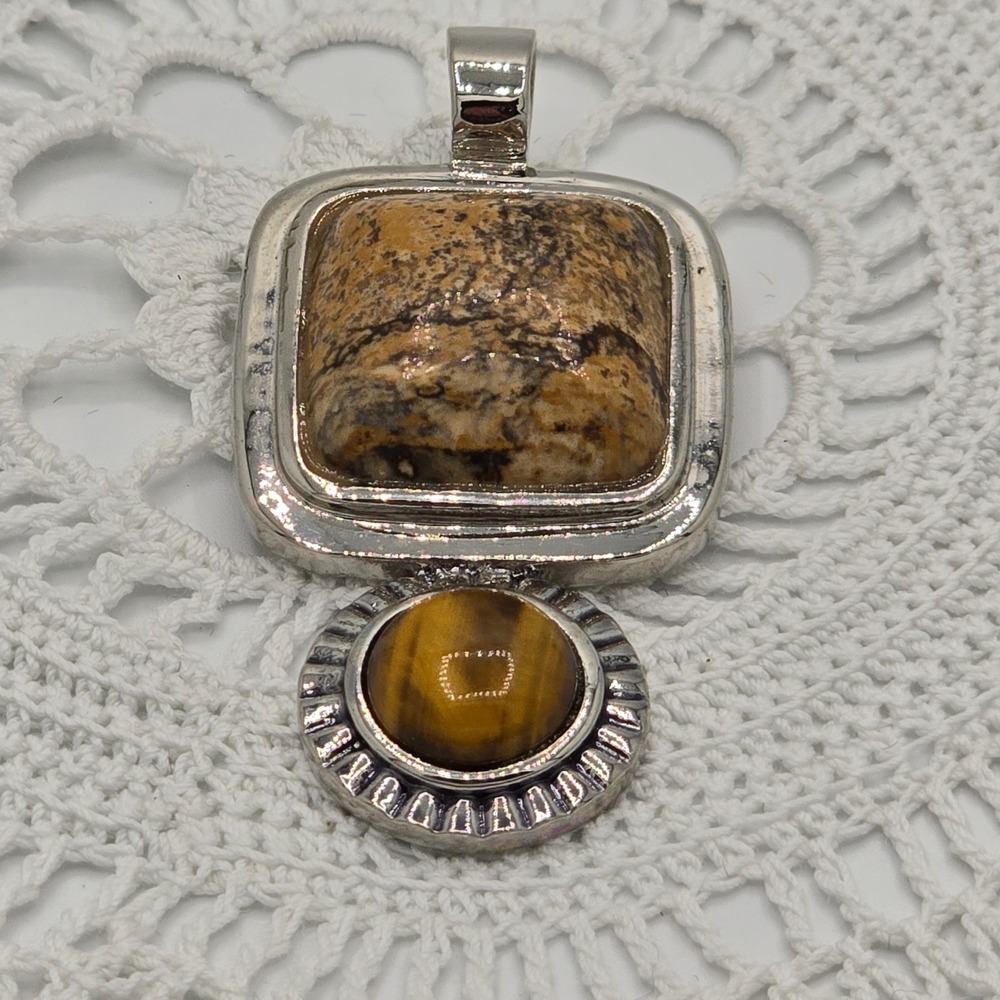 Vintage ROMAN Stone and Tigers Eye Silver Tone Pendant Brown